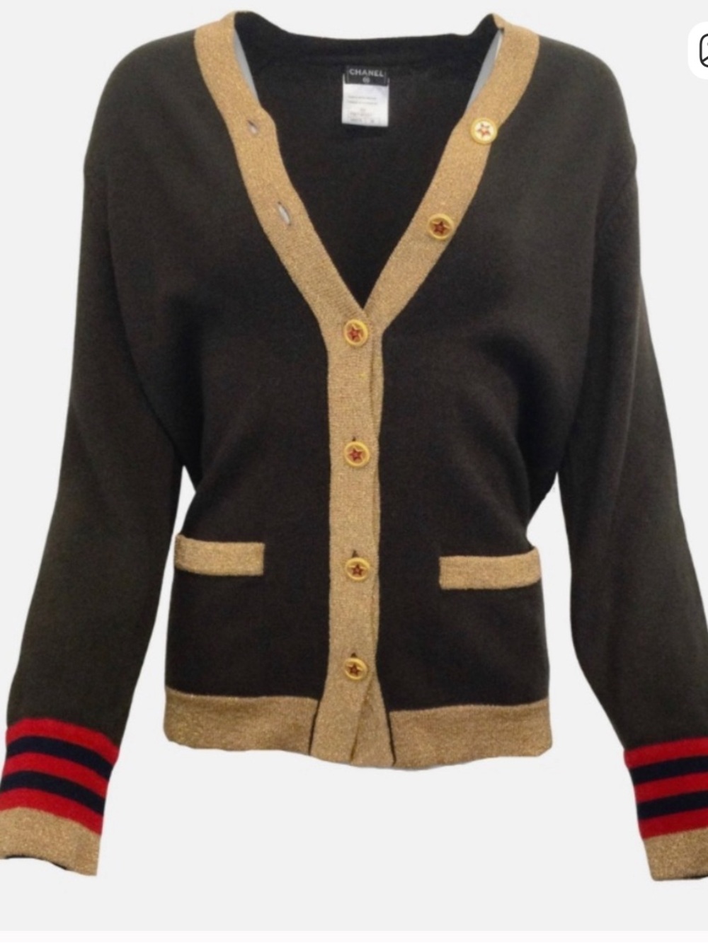 CHANEL Black Cardigan with Gold Trim and Red Stripe Cuffs